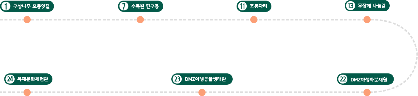 구상나무 모롱잇길 - 수목원 연구동 - 초롱다리 - 무장애 나눔길 DMZ야생화분재원 - DMZ야생동물생태관 - 목재문화체험관